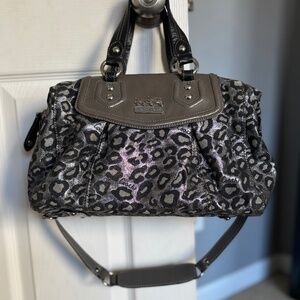 Coach Metallic Silver/Black Ocelot Leopard Madison Satchel Handbag
